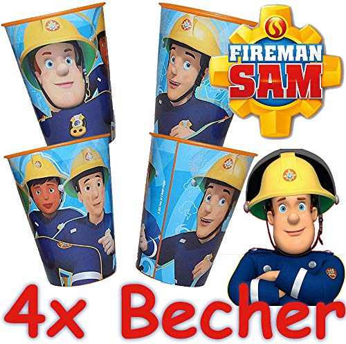 Neu: 4X stabile Kunststoff-Becher * FEUERWEHRMANN SAM * für Mottoparty und Kindergeburtstag | Feuerwehr Kinder Geburtstag Motto | Perfekt als Mitgebsel