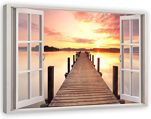 Feeby Bild auf Leinwand - Wandbilder Wohnzimmer Aesthetic - Sonnenuntergang Steg - 120x80 cm XXL 1tlg - Schlafzimmer Wandekoration - Bilder Zimmer - Living Room - Deko Wandbilder - Moderne Bild