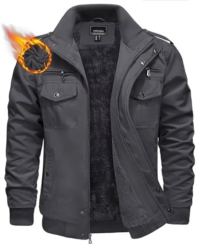 KEFITEVD Pilotenjacke für Männer Sherpa Warme Winterjacke Fleece Militär Jacke Cargo Jacke mit Brusttaschen Pilotenjacke Dunkelgrau L