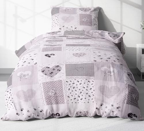 Heubergshop 2-teilige Seersucker Bettwäsche 135x200cm und 80x80cm - Blumen Herzen Landhaus in Grau - Bettgarnitur aus 100% Baumwolle, bügelfrei (S-422-1)