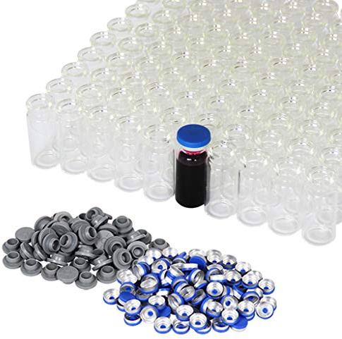 Viales de vidrio de 10ml, 10ml Viales de vidrio transparente con espacio de cabeza de 10ml con tapas abatibles y tapones de goma, paquete de 100, Vial de laboratorio de fondo plano de 20mm