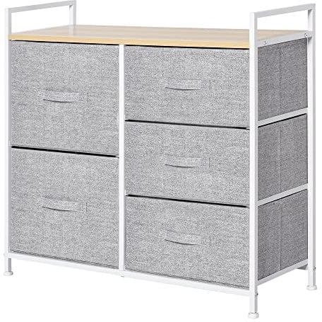 HOMCOM 5 Drawer Linen Basket Storage Unit Home Organisation w/Shelf Handles Metal Frame Adjustable Feet Hallway Home Dresser Grey