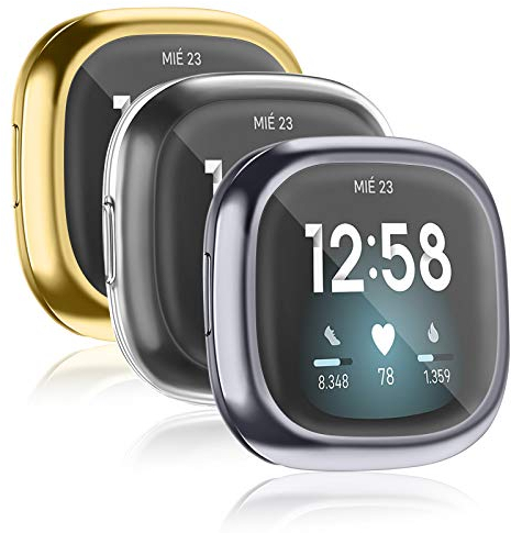 Vancle 3-Stück Hülle Kompatibel mit Fitbit Sense/Versa 3 Schutzhülle Schutzfolie, Weiche TPU Schutzfolie Vollschutz Display Schutz Hülle für Sense/Versa 3 NUR (Space Grau/Gold/Klar)