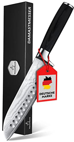 FlavourBomb Damastmesser Santoku Messer aus echtem Damaszener Stahl - Damast Küchenmesser | [18cm Klinge + Micarta Griff] | Kochmesser Profi Messer + Jetzt gratis Ebook sichern