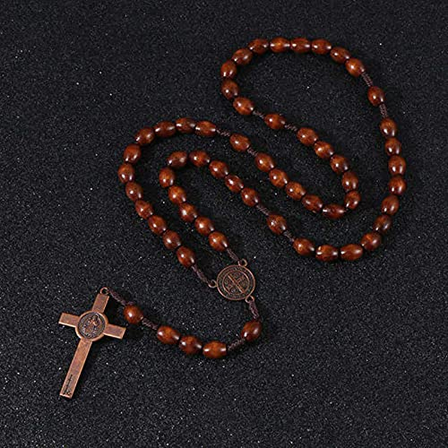SONGK Christus Jesus Holzperlen 8mm Rosenkranz Bead Kreuz Anhänger gewebte Seil Kette Halskette Religiöser Orthodoxer Gebetsschmuck