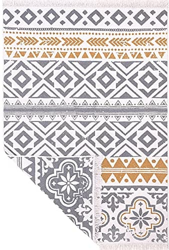 Fashion4Home Teppich Läufer - Tepiche für Wohnzimmer, Schlafzimmer, Küche, Kinderzimmer, Badezimmer - Boho Kelim - Läufer Flur, Ceramic-Hellgrau-Gold, Größe: 80x150 cm