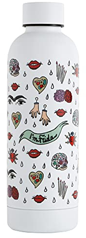 art&design24 Thermosflasche I'm Frida Pattern, Farbe Weiß, Isolierflasche 500 ml Edelstahl, 6,5 x 23 cm, leicht, Thermosflasche für heiße Getränke und Kühlflasche, schlichtes Design