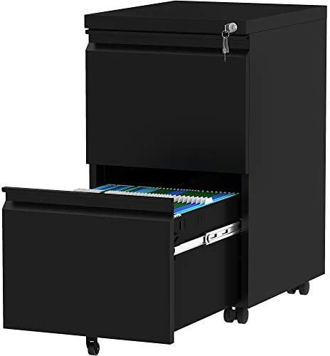 YITAHOME Rollcontainer mit Abschließbar 2 Schubladen, Mobiler Aktenschrank mit Rollen für A4, Legal, Letter, Metall Büroschrank für Home-Office, Hängeregistratur, Schwarz, 51 x 39 x 71cm