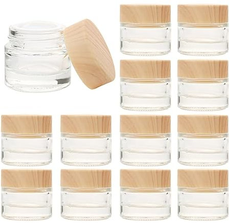 Lot de 20 pots de crème en verre transparent de 10 g avec couvercle en grain de bois et doublures intérieures, pots d'échantillons vides pour voyage, bricolage, baume à lèvres, échantillon de lotions