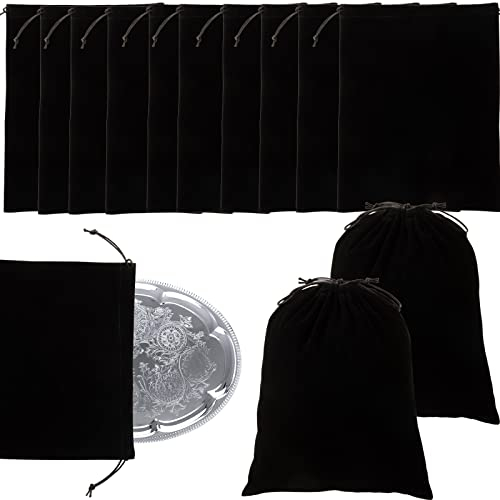Lot de 12 sacs de rangement en tissu anti-ternissement pour argent - Pour ranger les bijoux et les couverts - Noir