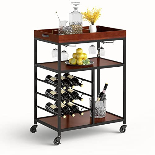 GiantexUK Kitchen Serving Cart, 3 Tier Rolling Cart Trolley with Wine Rack and Handle, Mobile Utility Storage Shelving Organizer for Dining Room Restaurant (3 Tiers Wine Rack, 71 x 45 x 93cm)