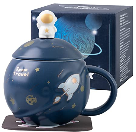 Shendong Kawaii Astronaut Cup Space Embossed Planet Mug,Cute Ceramic Coffee Mug,Novelty Morning Mug with Lid Spoon and Kawaii Coaster for Coffee,Tea,Milk,Space Mug for Girl Boy Friends Deep Blue
