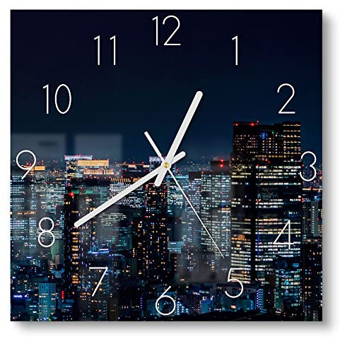 DEQORI Glasuhr | 30x30 cm | Motiv Tokio bei Nacht | ausgefallene leise Design Uhr aus Glas | Wanduhr für Wohnzimmer & Küche | Moderne Hingucker Uhr für die Wand