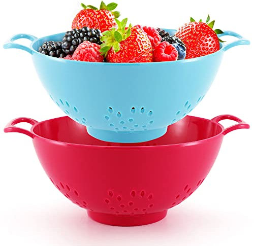 Meadow Lane 6-inch Small Colander, BPA-Free, Dishwasher Safe, Double Handles, Compact Food Strainer for Berries, Veggies and Pasta, 3-Cup Capacity, Red and Blue, 2-Pack