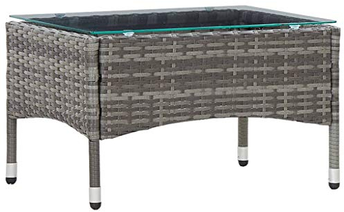 FIRBNUS Teetisch mit Glas Tischplatte 60x40x36 cm Balkontisch Terrassentisch Gartentisch Dining Table Couchtisch Kaffeetisch Garten Esstisch Grau Poly Rattan und Glas