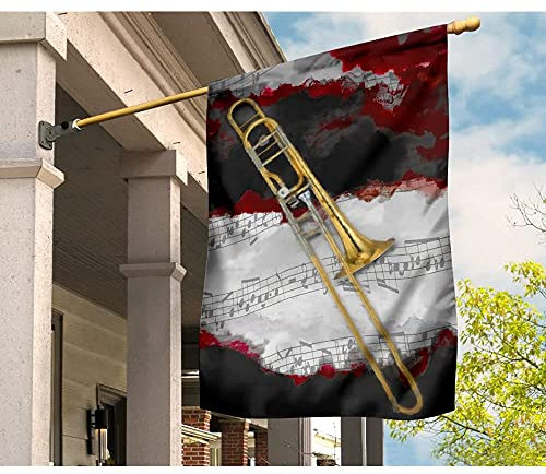 Bannière réaliste trompette en rouge et blanc partition de musique fond drapeau de jardin décoration de la maison bannière extérieure pour festival carnaval 32 cm x 48 cm