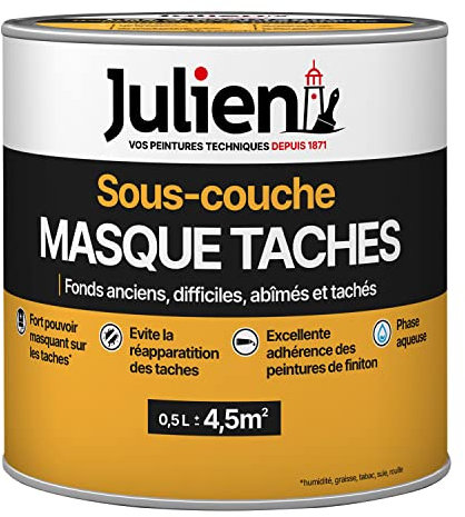 Julien Peinture Sous-Couche Masque-Taches Multi-Supports - Isole les Taches sur Murs et Plafonds - Blanc Mat 0,5L