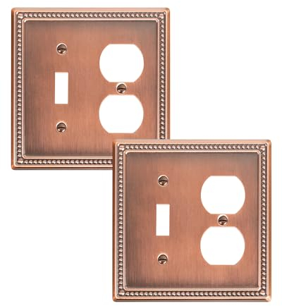 TREEWELL 2er-Pack Combo Kipp-/Duplex-Lichtschalter-Abdeckplatte, antikes Kupfer-Metallwandsteckdosen-Abdeckplatte, dekorative klassische Perlen-Wandsteckdosen-Buchsenabdeckung für Steckdosen,