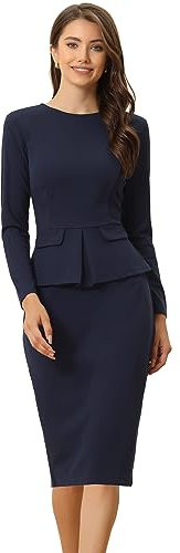 Allegra K Women's Bodycon Dresses Round Neck Long Sleeve Casual Work Outfits Peplum Sheath Dress Navy Blue S