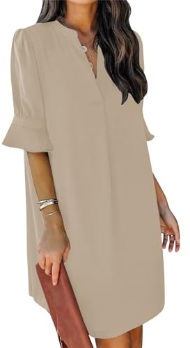 JOCAFIYE Damen Sommer Tunika Kleid V Ausschnitt Lässig Locker Fließend Swing Shift Kleid Musik Festival Beige M