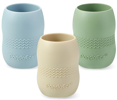 PandaEar Juego de 3 Tazas de Entrenamiento de Silicona 100% para Bebés y Niños Pequeños, Tazas Pequeñas Abiertas para Bebés (Azul/Verde/Marrón)