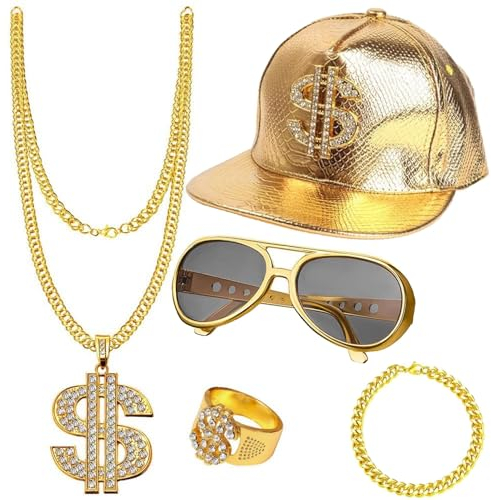 5 Stück Hip Hop Kostüm Set,Boombox Golden Baseball Cap Personalisiert Goldene Dollar Kette Brille Armband & Ring,Karneval Kostüm Herren 80er 90er Jahr Rapper Zubehör für Fasching Karneval (gold)