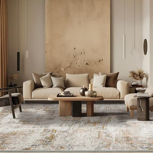 PONY DANCE Waschbarer Teppich Wohnzimmer 200x300 cm Dünne und Flauschige Kurzflor Teppiche Boho für Schlafzimmer/Esszimmer/Büro, Goldener Morgen
