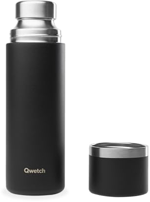 Qwetch - Thermo Isotherme Noir 750ml - Thermos avec Gobelet Inox Recyclé - 24h Froid et 12h Chaud - Etanche, Sans BPA & Idéale pour Café et Thé