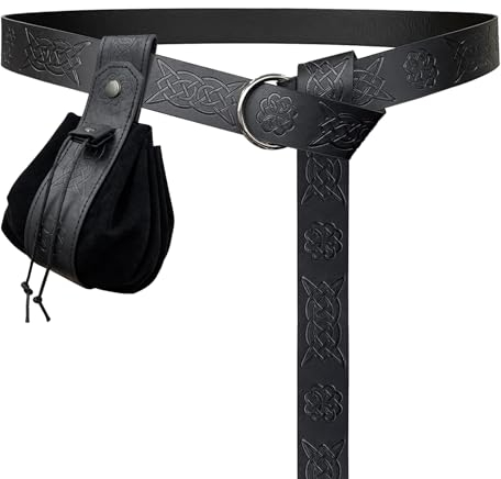 HiiFeuer Mittelalterlicher geprägter O-Ring-Gürtel mit geprägtem Kordelzugbeutel von Vantage, Retro Renaissance Kunstleder Gürtel und Tasche Set für LARP (Schwarz D)