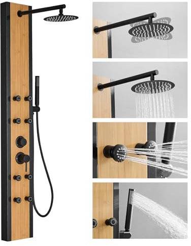 BATHLAVISH Tour de douche noire avec panneaux de douche en bois en acier inoxydable 304 avec douche à effet pluie de 20,3 cm, 4 jets de massage corporel pour maison, hôtel, salle de bain, toilettes