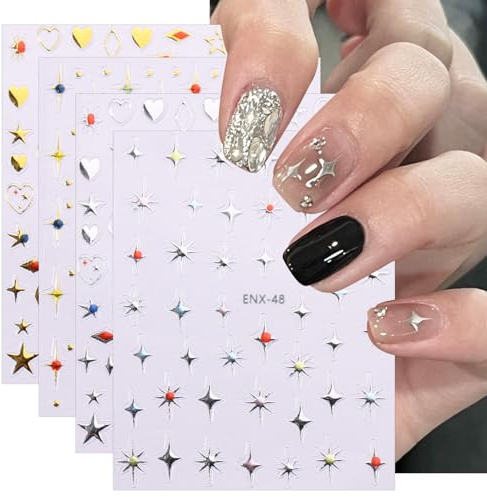 jmeowio 10 Sheets Star Heart Nail Art Stickers Decals Self-Adhesive Colorful Nail Supplies Nail Art Design Decoration Accessories
