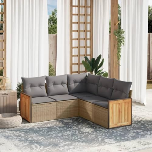 SECOLI Rattan Gartenlounge Set mit Stauraum Lounge möbel Outdoor Balkonlounge Set Rattan Gartenlounge Set Gartensofa Outdoor Loungemöbel Terrasse mit Kissen-Beige und Grau-5-tlg-4