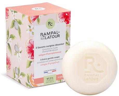 Rampal Latour - 3 runde Seifen, überfettend, Hände und Körper, mit Grapefruit-Duft, rückfettend, belebend und nährend, 97,3% natürlichen Ursprungs, 3 x 125 g
