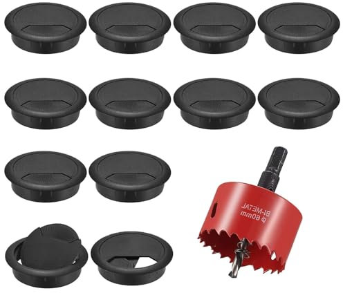 MIYUANGKJ 12 Pack Cable Grommet Desk with Hole Saw, 60mm Cable Wire Hole Cover Black Cable Outlet Round Wire Organizer Table Grommet for Home and Office Table Cable Cord Management