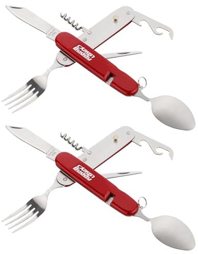 Camp Buddy Outdoor Besteck - Taschenmesser mit Gabel, Löffel & Messer - Klappbares Camping Besteckset - Ideal für Outdoor, Bundeswehr, Picknick, Wandern & Festival Zubehör, 2 Stück