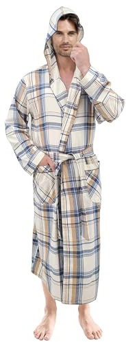 Andrew Scott Herren-Bademantel mit Kapuze, Baumwoll-Flanell-Bürste, kariert, für alle Jahreszeiten, Hausmantel in voller Länge, kariert 3, Large-X-Large