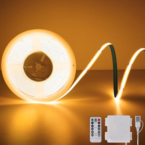 COB LED Streifen Batterie, 2M 640 LED Streifen Warmweiß 2700k, Dimmbar Flexible LED Strip Lights mit Fernbedienung 4 Modi Timer für Schlafzimmer, Küche, DIY Beleuchtung Schrank Regale Schreibtisch