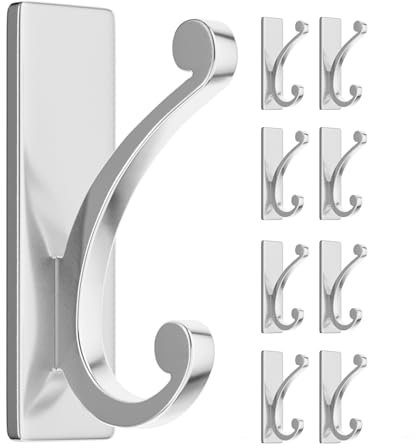 jockcaras 8-Pack Adhesive Coat Hooks for Door: 5KG Sturdy Wall Hook for Hanging Towel, Bathroom, Heavy Duty Stainless Stick on Hanger, Silver