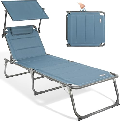 Homecall Sonnenliege Klappbar Mit Dach, Kopfstütze, 5-Fach Verstellbare Rückenlehne, 200 x 70 cm Gartenliege Wetterfest, Garten Liegestuhl Klappbar Leicht, Bis 180 kg für Garten, Balkon - XXL, Blau
