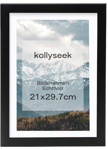 kollyseek Bilderrahmen DIN A4 Schwarz 21x30cm Echtholz mit Passepartout Pine Holz Rahmen pictureframe