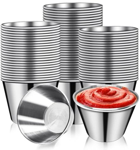 Poggapp 50 PCS Tasses à Sauce en Métal 2.5oz Ramekins, Gobelets à Sauce en Acier Inoxydable Argentés, Récipients de Condiment Métalliques Réutilisables
