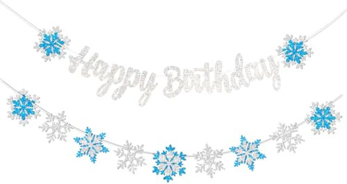 FHGG Die Eiskönigin Schneeflocke Geburtstag Dekorationen Banner Schnee Winter Glitzer Weiß und Blau Schneeflocke Happy Banner für Winter Wunderland Party Weihnachten Geburtstag Party Supplies Favors