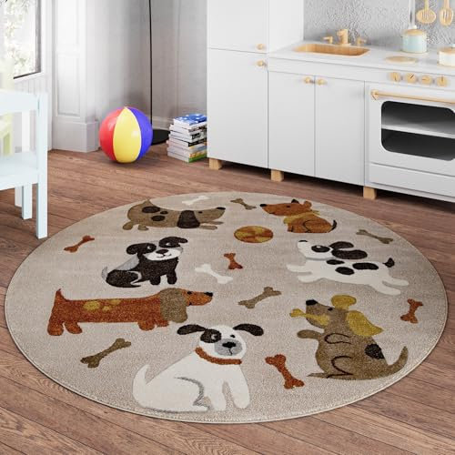 Smart Kids Gewebter Kinderteppich Spannende Abenteuer mit fröhlichen Hunde Motiven – Rocky & Friends (120 cm rund, Sand beige meliert)