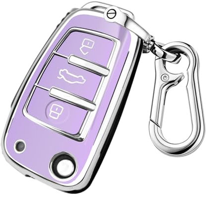 FT FUNTOR für Audi Schlüssel Hülle,Passen für A1 A3 A4 A6 A8 Quattro Q2 Q3 Q7 R8 RS3 RS6 S3 S6 TT TTS mit Silbernem Rand,3 Tasten TPU mit Schlüsselanhänger für Audi A3 Schlüsselhülle (B-Lila)