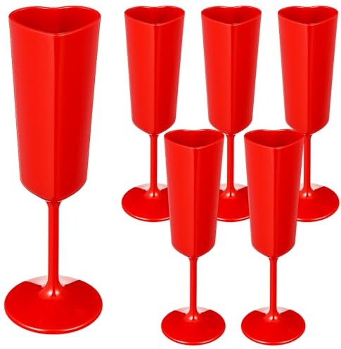Nuogo 6 Pcs Valentine‘s Day Heart Plastic Champagne Flutes, 6 oz Toasting Champagne Flute for Wedding, Heart Shaped Plastic Goblets for Bachelorette Party Bridal Shower Celebrations (Red)