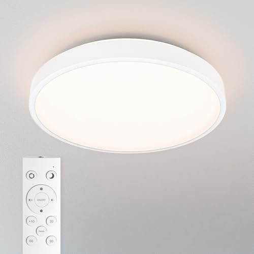 HOFTRONIC - LED Deckenlampe Badezimmer Weiß 30 cm - Ultra Flach - 18 Watt Dimmbar mit Fernbedienung - CCT 3000K, 4000K, 6500K - IP44 Wasserdicht - Deckenleuchte Plafonniere