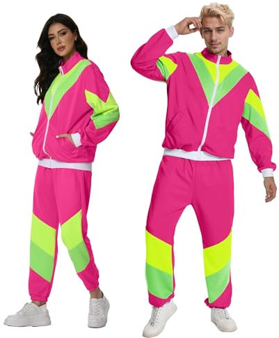 Seawhisper 80er Jahre Outfit Herren Damen 90er Kostüm Kleidung Jogginganzug Trainingsanzug Damen Rosenrot M