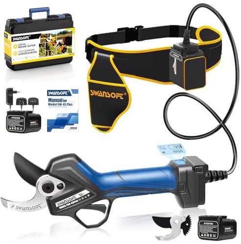 【3-Tocchi-Cambio,Versione Top Performante】SWANSOFT PRU45-PLUS Forbice Potatura a Batteria,45mm 4+4AhCesoie a Batteria Forbice Elettrica per Potatura Forbici Potatura a Batteria Professionali, BLUE
