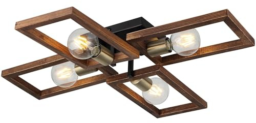 Opviq Elegant Chandelier with Metal Body & Wooden Cap, Antiquation & Black Finish, 12 cm Height, 4 x E27 Sockets, Base Plate 13 x 20 cm | Perfect for Modern Decor