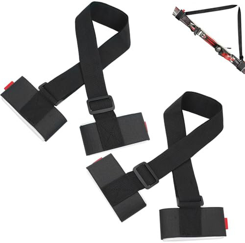 2 Pack Ski Carrier Strap, Verstellbare Schulter Carrier Lash Griff Riemen mit Gepolstertem Klettverschluss für einfaches Tragen von Ski und Stöcken, Langlebig und Komfortabel, Schwarz, 65-115 cm